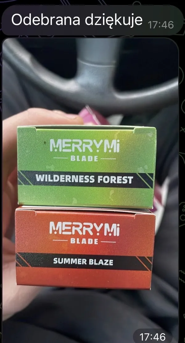 Zrzut z Telegrama: klient pokazuje odebrane MerryMi Blade Wilderness Forest i Summer Blaze